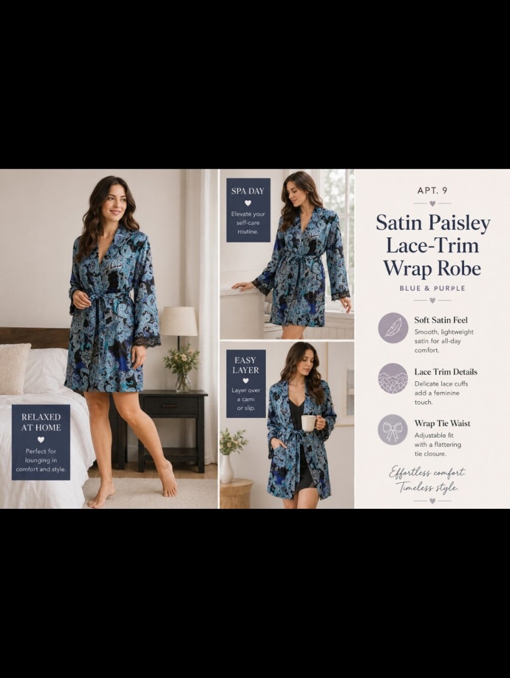 Apt. 9 ~ Satin Paisley Lace-Trim Wrap Robe in Blue & Purple (XS, NWOT Oversized)